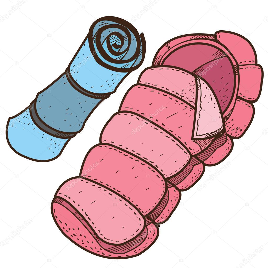 Sleeping bag and mat. Picnic, tourism, travel inventory.