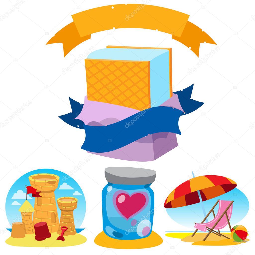 Ice cream with sand castle and beach umbrella with chair