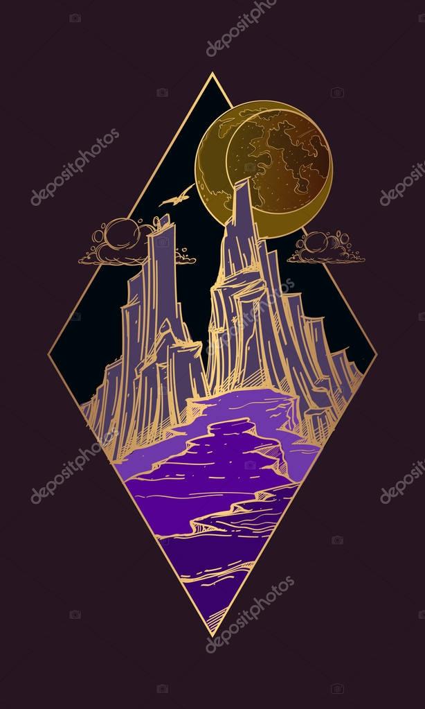Mountains fantastic post-apocalyptic landscape icon. Wildlife diamond-shaped logo. Night landscape in acid colors with a gold outline.
