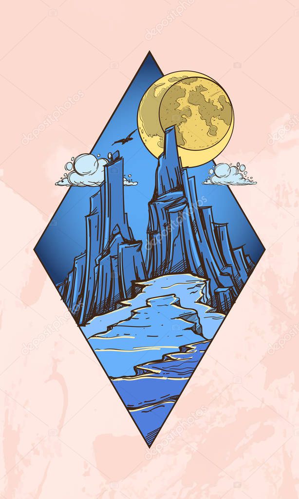 Mountains fantastic post-apocalyptic landscape icon. Wildlife diamond-shaped logo. Night. Illustration for printing on T-shirts and other items. Picture for design travel agencies.