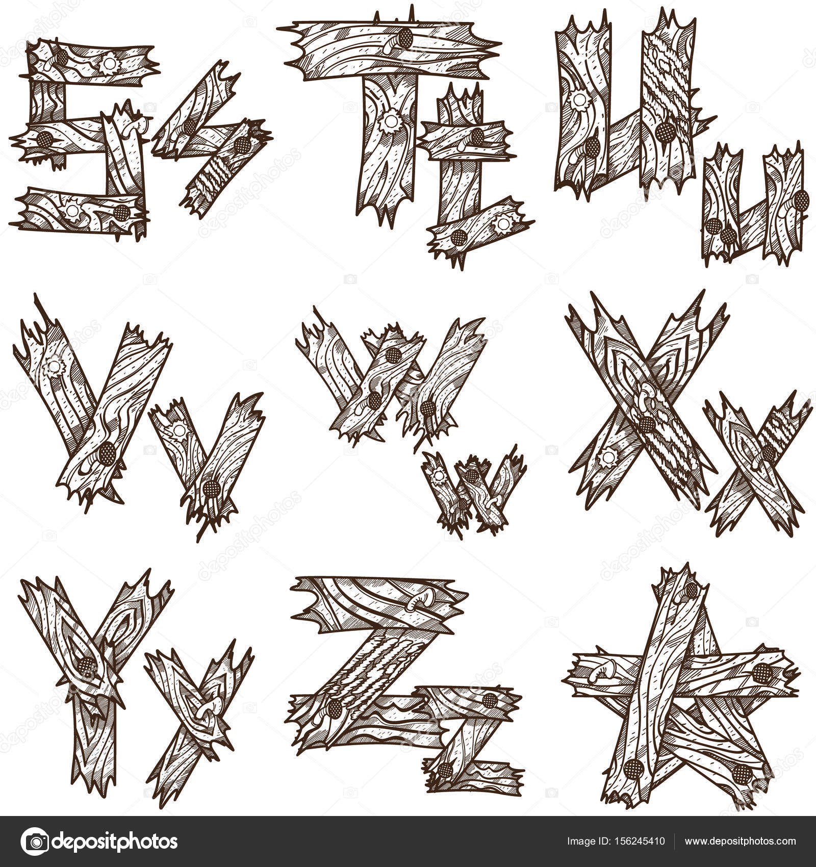 Alfabeto inglés de trozos de madera . vector, gráfico vectorial