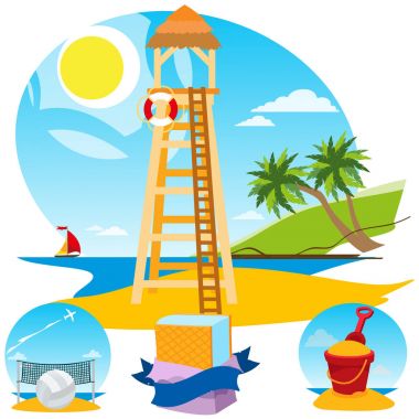 Lifeguard tower, beach volleyball, ice cream, toy bucket. clipart