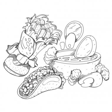 Taco, enchilada, cips ve salsa logosu. 