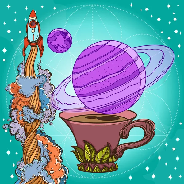 Csésze kávé és a bolygók vázlat — Stock Vector