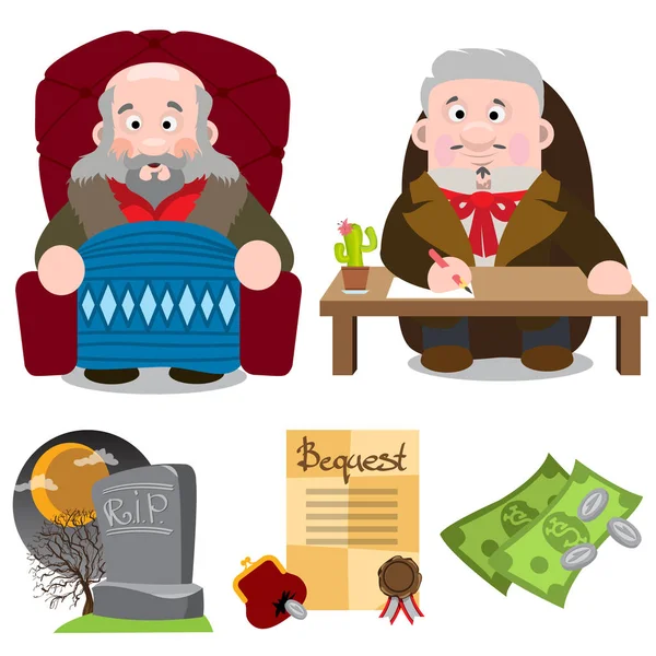 Starší muž v křesle, muž u stolu, hrob, Wille, peníze. Kreslené postavičky. — Stockový vektor