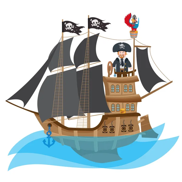 Ilustración de caricatura con la imagen de un pirata en el barco . — Vector de stock