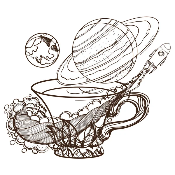 Tasse de café, fusée et planètes — Image vectorielle