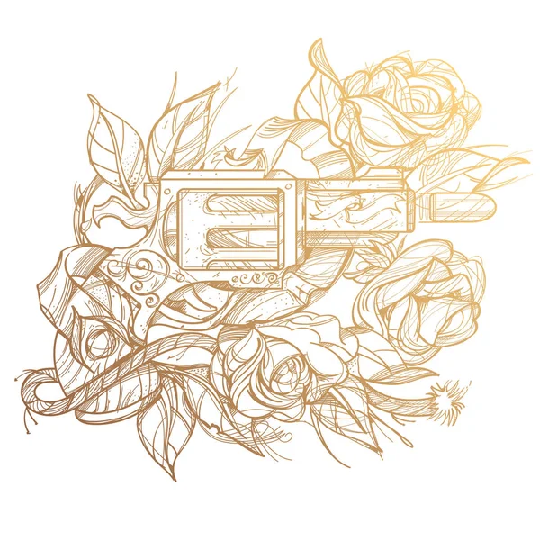 Pistola y rosas tatuaje — Vector de stock