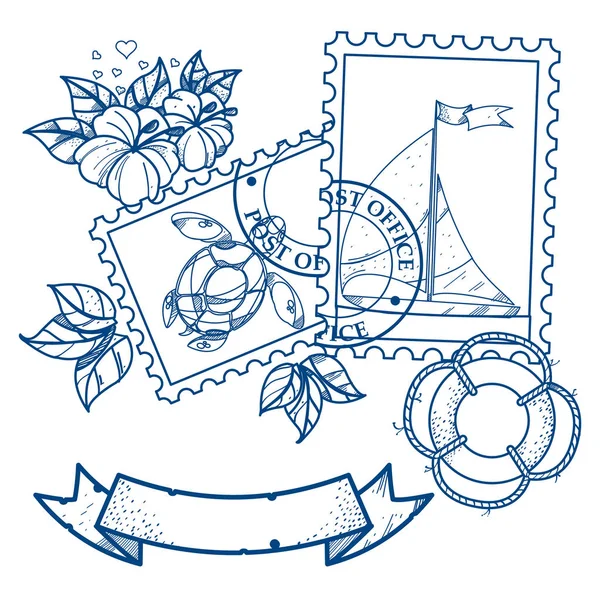 Frimärken, cherpaha, segling, livboj, blommor. — Stock vektor