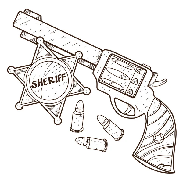Revólver y una insignia del sheriff. Dibujo del contorno del oeste salvaje para colo — Vector de stock