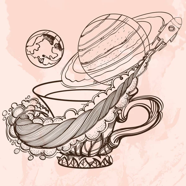 Taza de café, cohetes y planetas — Vector de stock