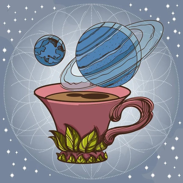 コーヒーや惑星のスケッチのマグカップ — ストックベクタ