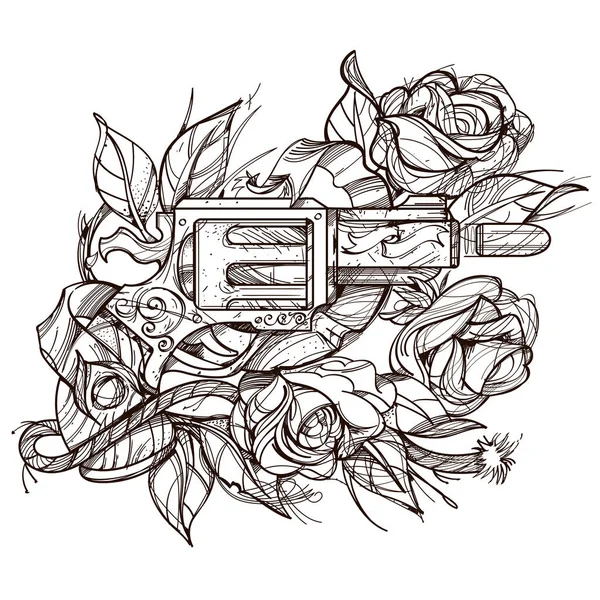 Tatouage pistolet et roses — Image vectorielle