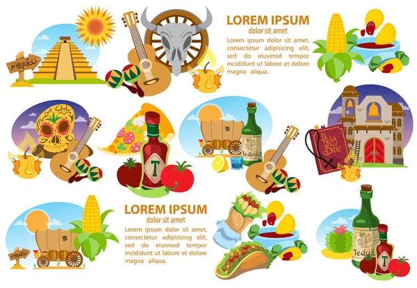 Conjunto de ícones sobre um tema mexicano . —  Vetores de Stock