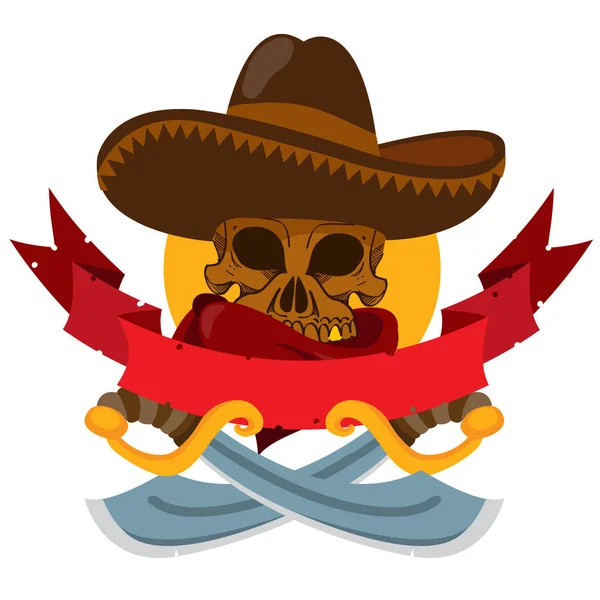 Skull in a sombrero with two machetes — Stock Vector