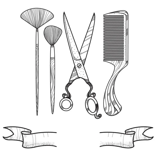 Modèle de contour avec ciseaux, peigne et glands pour maquillage . — Image vectorielle