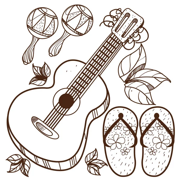 Guitar, maracas, beach flip flops. — Stock Vector