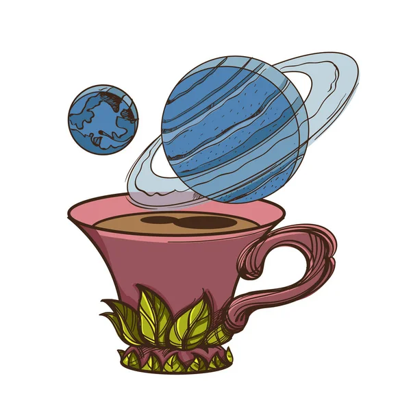 Tasse de café et planètes croquis — Image vectorielle