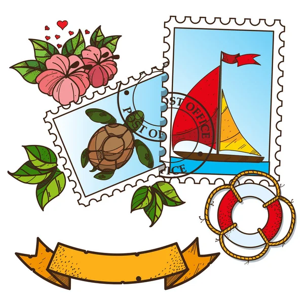 Posta pulları, cherpaha, yelken, lifebuoy, çiçekler. — Stok Vektör