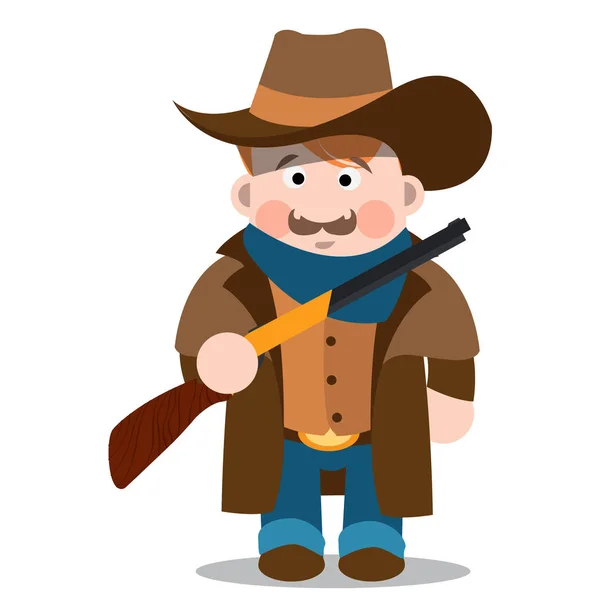 Homem de meia-idade com uma arma de ganga, um casaco comprido e um chapéu de cowboy. Personagem dos desenhos animados . — Vetor de Stock