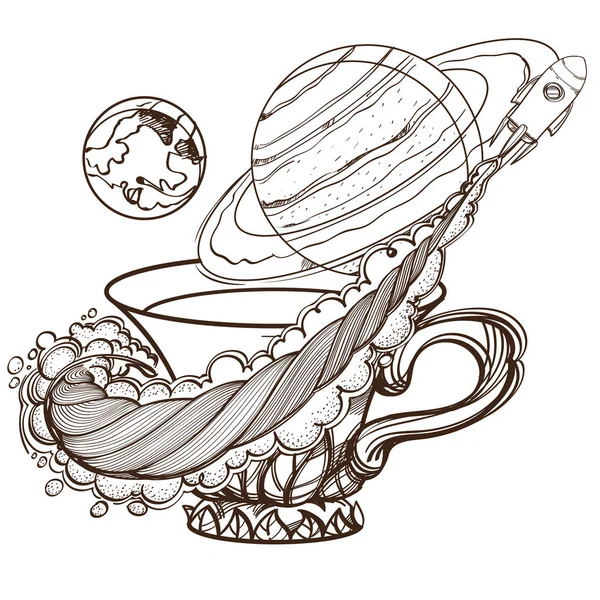 Tasse de café, fusée et planètes — Image vectorielle