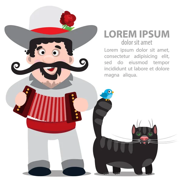 Mariachi con un acordeón y un gato negro . — Vector de stock