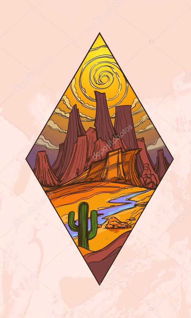 Canyon and the mountains fantastic post-apocalyptic landscape icon. Wildlife diamond-shaped logo. Illustration for printing on T-shirts and other items. Picture for design travel agencies.