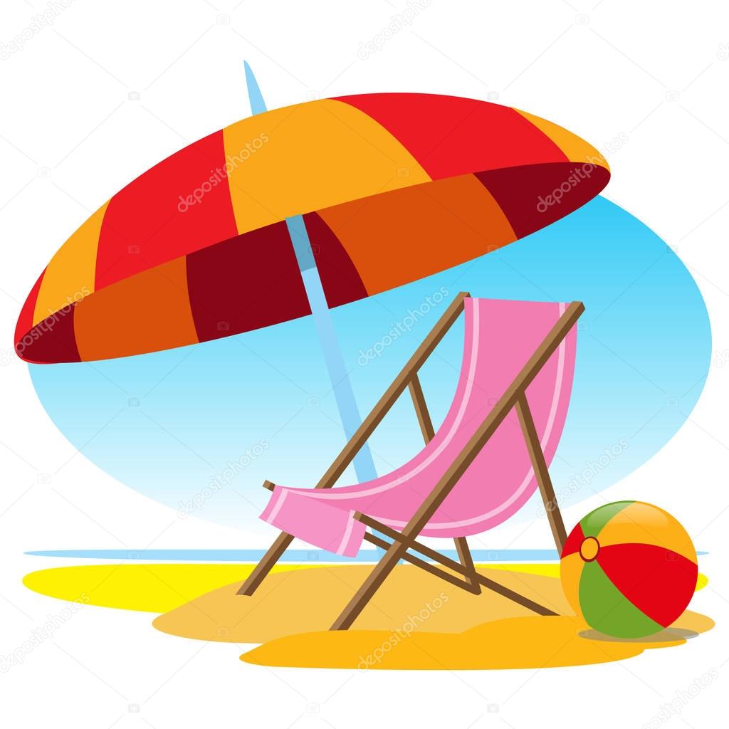 Deckchair and parasol on the beach. Color illustration of a summer theme.