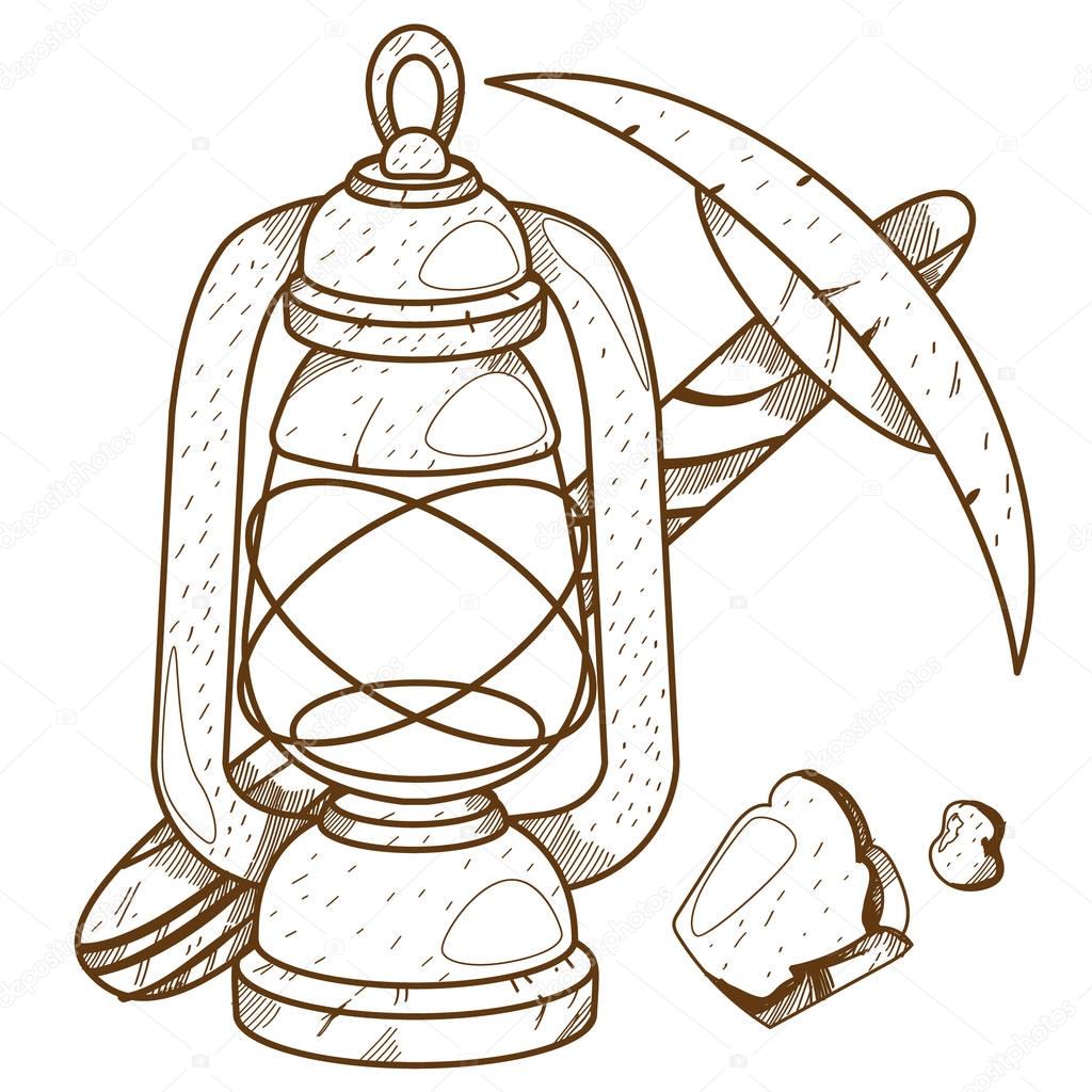 Pickaxe and oil lamp icon, vector illustration