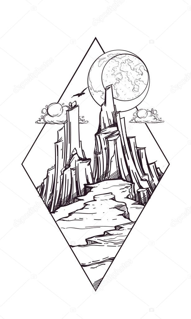 Mountains fantastic post-apocalyptic landscape icon. Wildlife diamond-shaped logo. Night. Black and white outline drawing for coloring.
