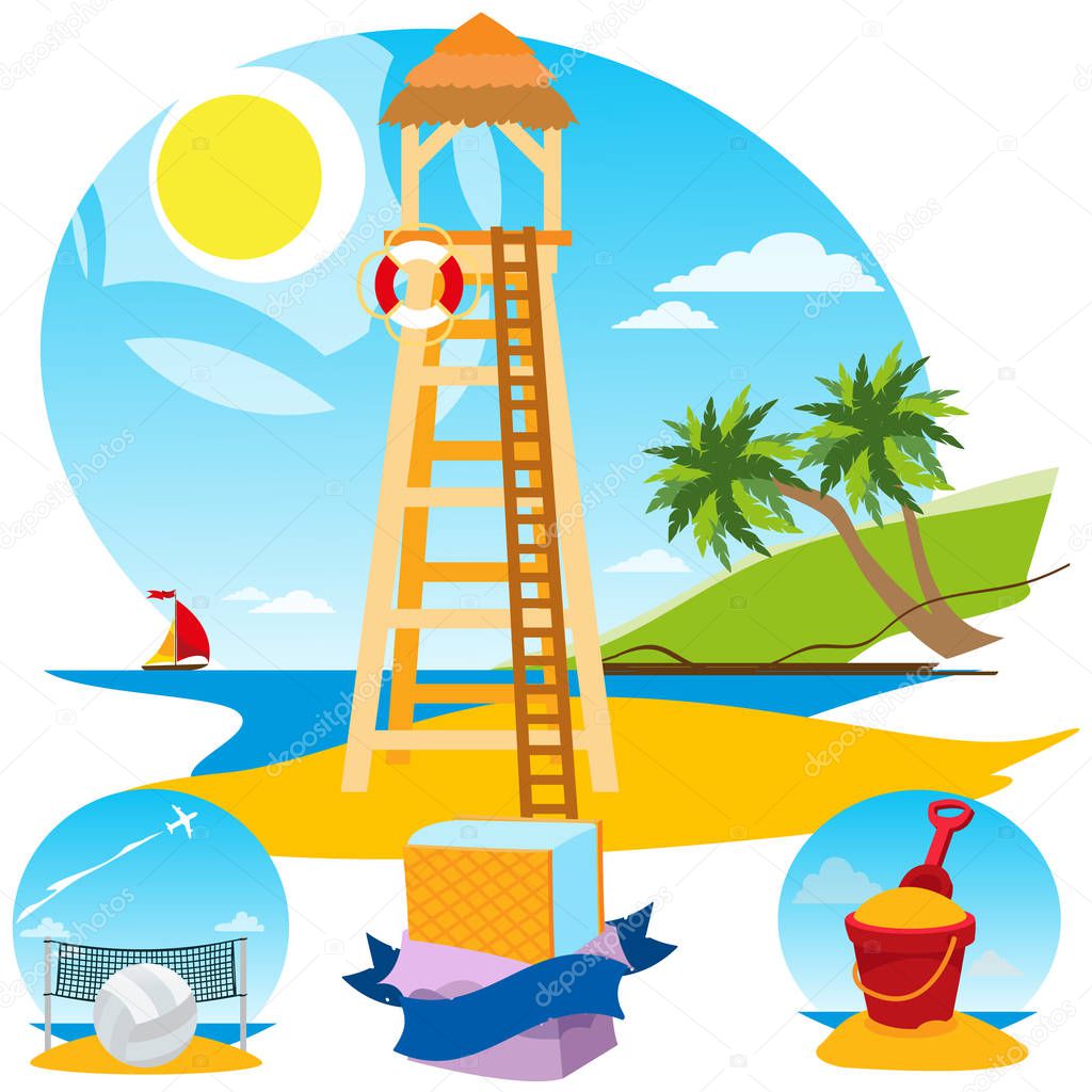 Lifeguard tower, beach volleyball, ice cream, toy bucket. Set of color illustrations on the theme of summer.
