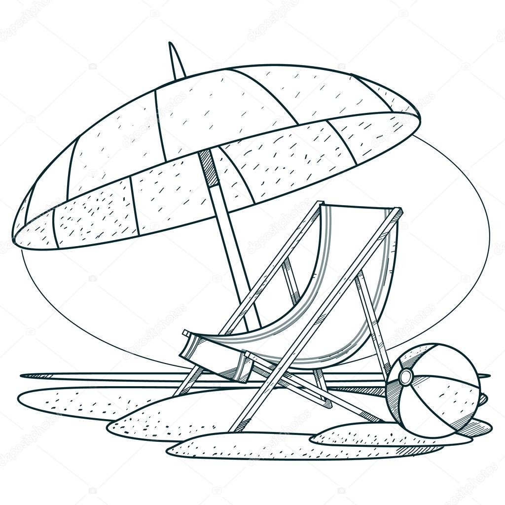 Deckchair and parasol on the beach. Outline drawings for coloring.