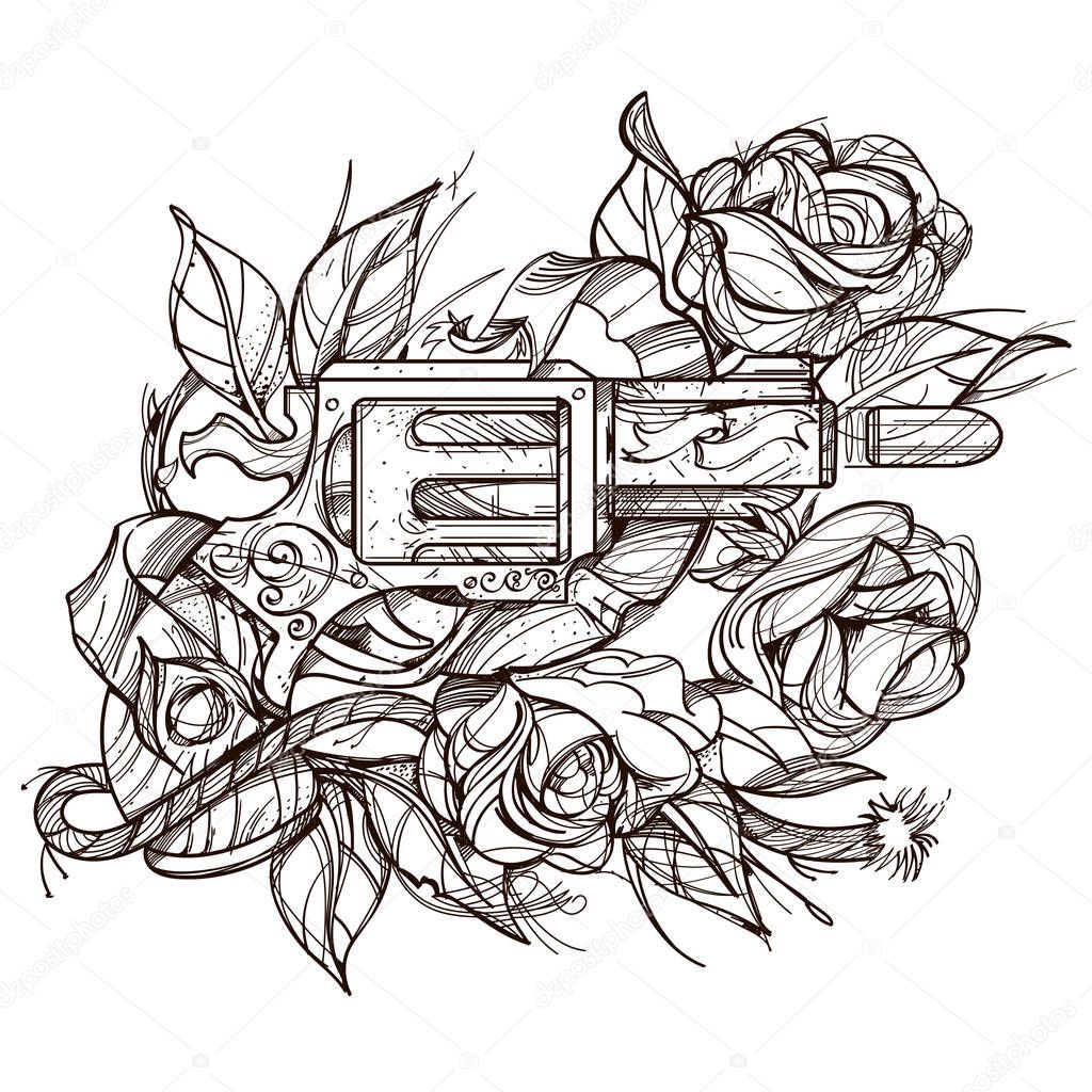 Gun and roses tattoo hand drawing style