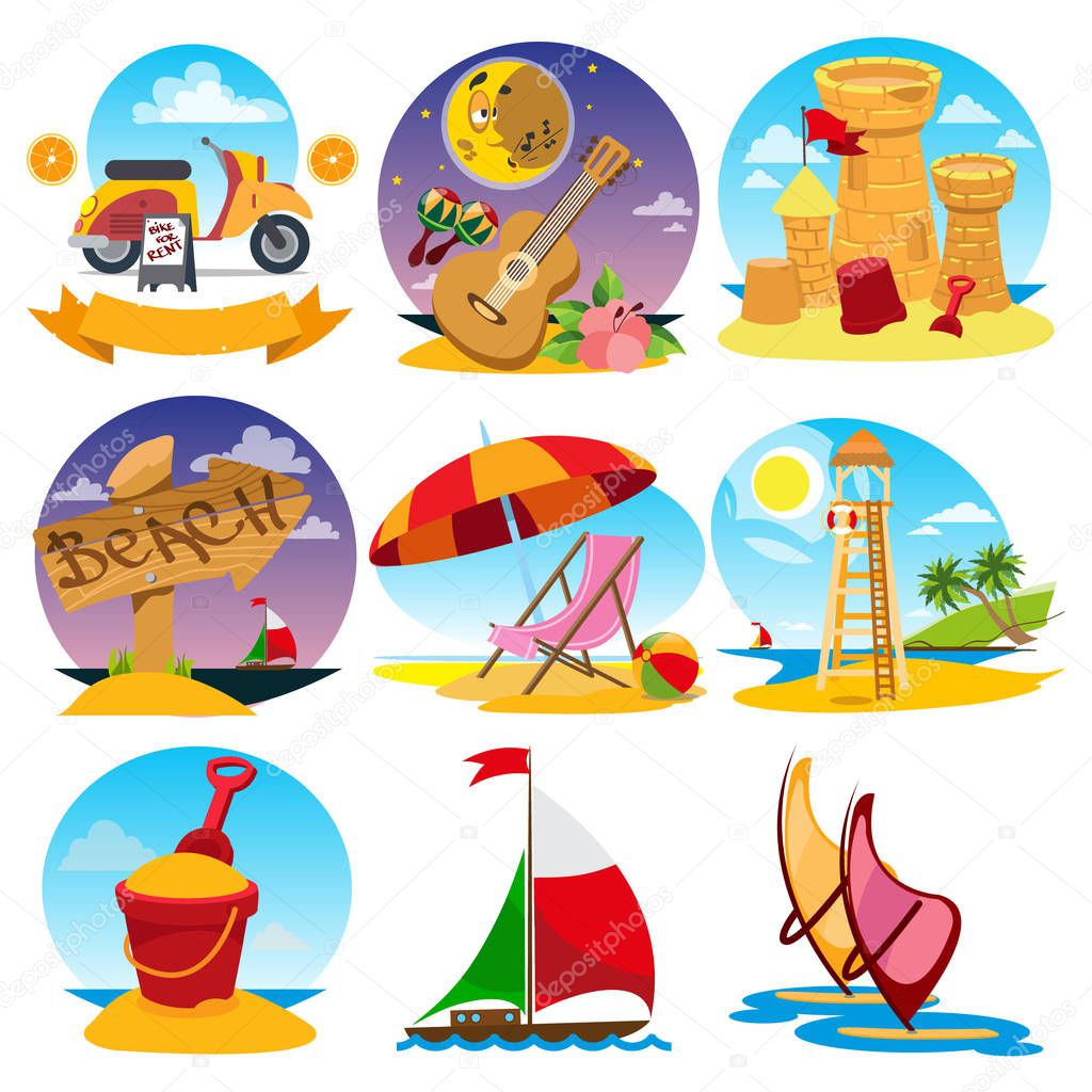 Set of color illustrations on the theme of summer.