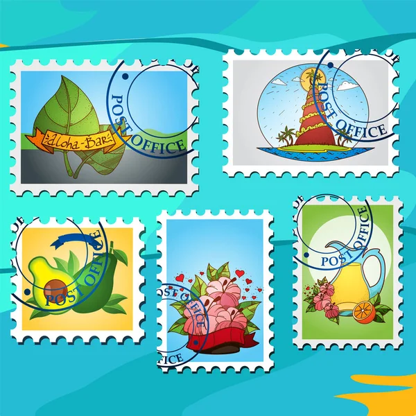 Viaje sellos postales conjunto — Vector de stock