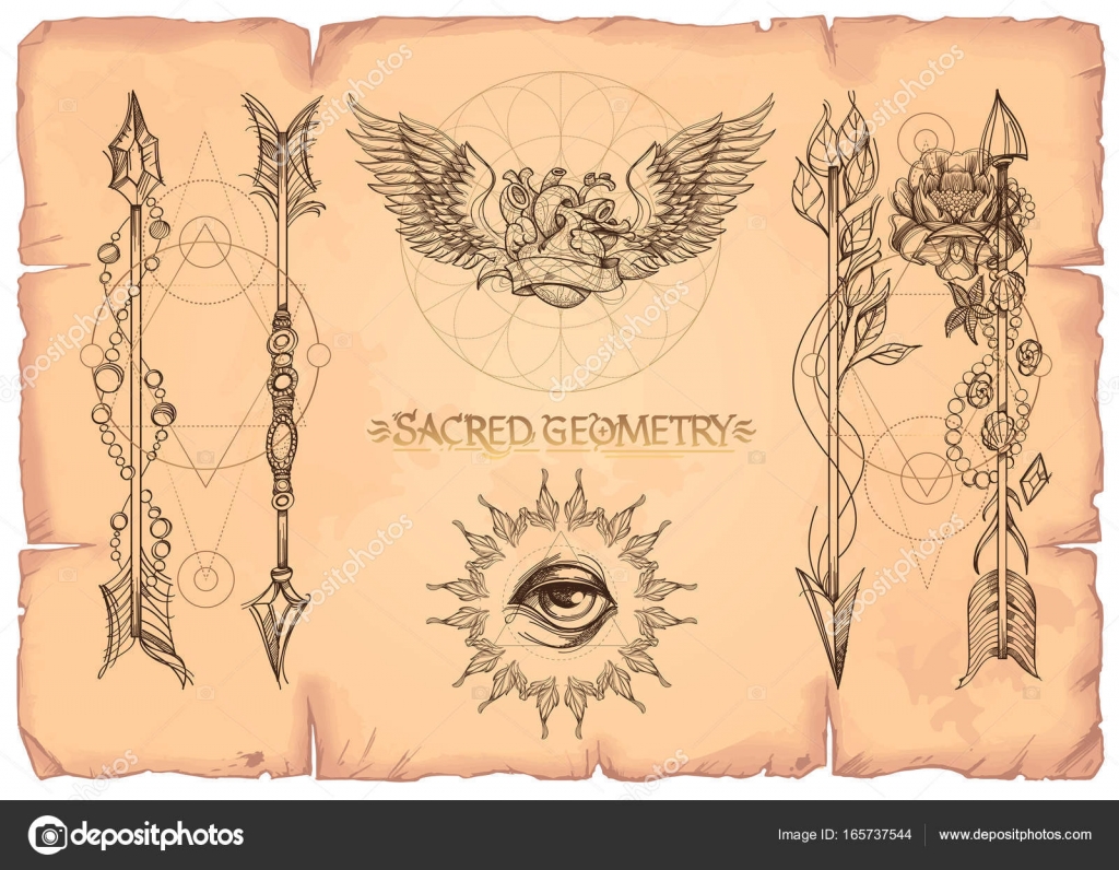 Frecce cuore e occhio magico Un set di carte in stile Boho Illustrazioni di contorno per la creazione di tatuaggi disegni da colorare disegno di