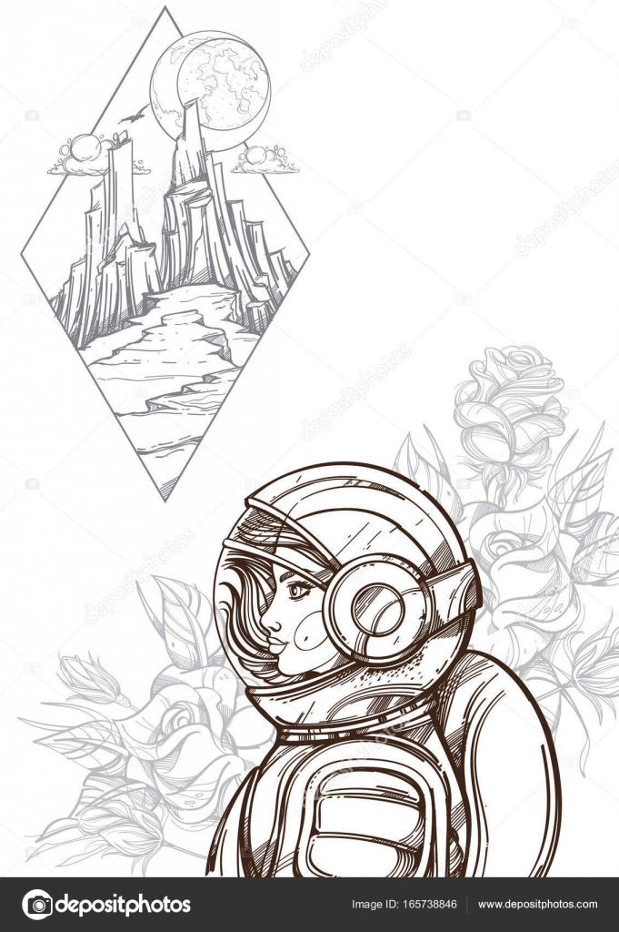 Astronauta donna Bellezza cosmica Illustrazione di vettore del profilo per poster disegni da colorare pagina e altri elementi — Vettoriali di filkusto