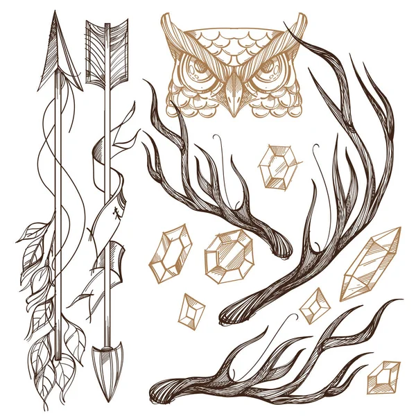 Flechas, astas, gemas y cabeza de búho . — Archivo Imágenes Vectoriales