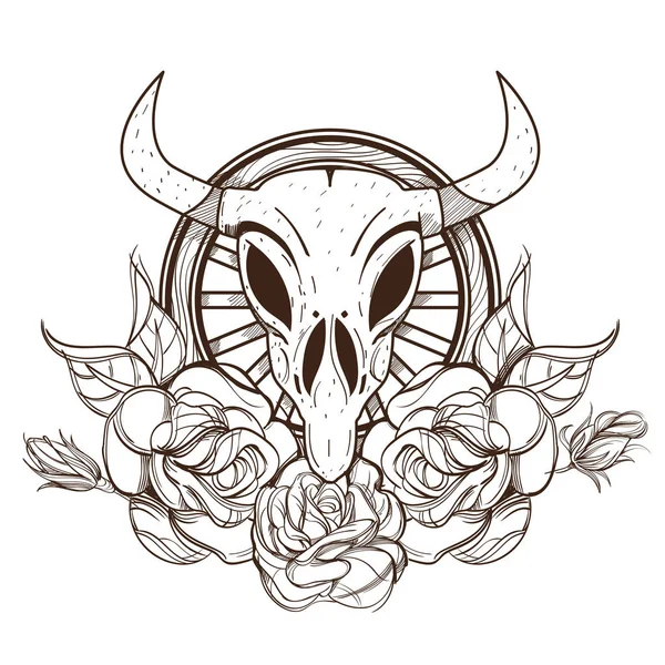 Crâne de vache ou de taureau aux roses . — Image vectorielle