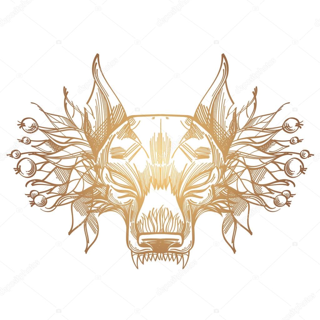 Muzzle of a wolf is an illustration for creating sketches of tattoos, printing on clothes, design of posters and leaflets.