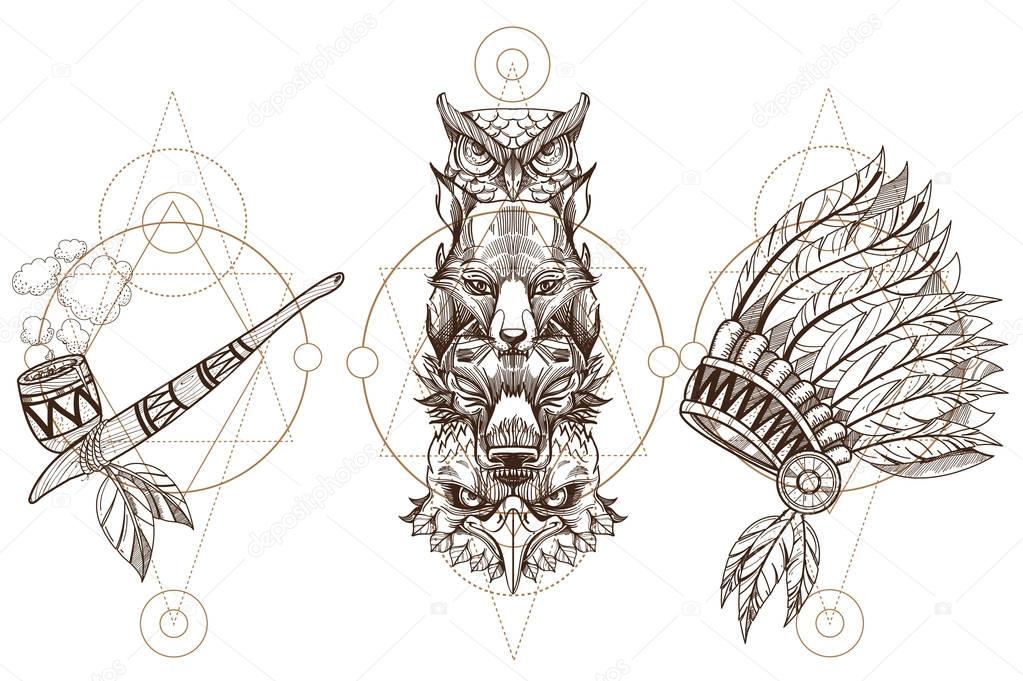Totem eagle, wolf, fox and owl illustration for creating sketches of tattoos, printing on clothes, design of posters and leaflets. A set of outline illustrations with sketches of tattoos.