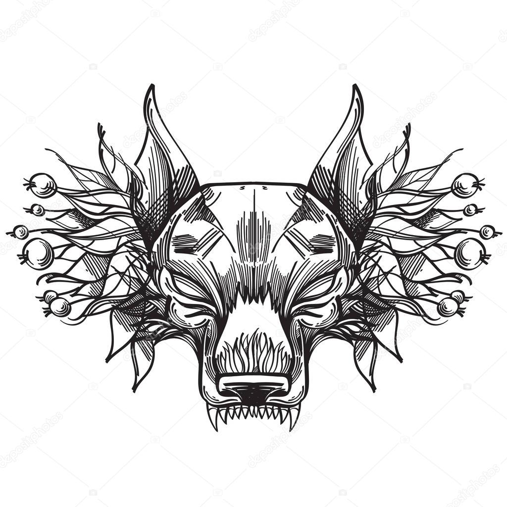 Muzzle of a wolf is an illustration for creating sketches of tattoos, printing on clothes, design of posters and leaflets.