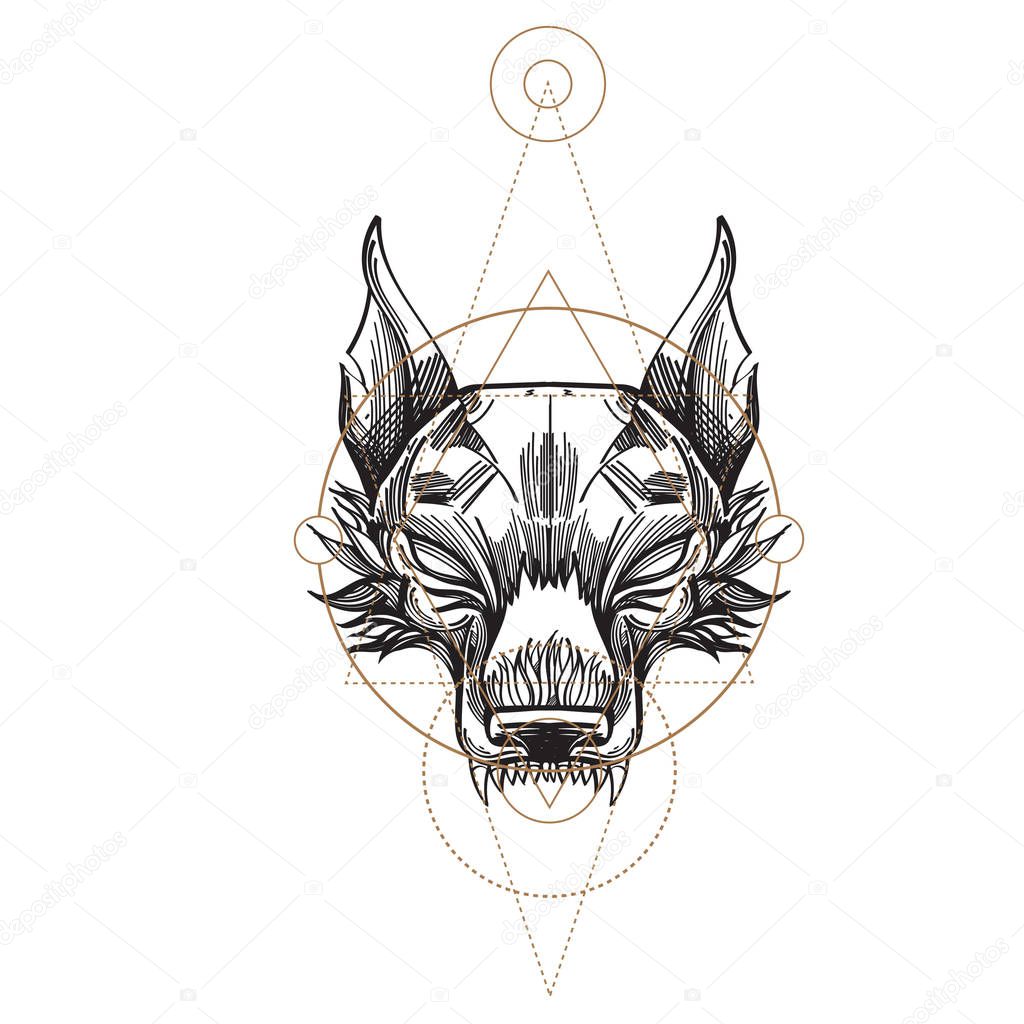 Muzzle of a wolf is an illustration for creating sketches of tattoos, printing on clothes, design of posters and leaflets.