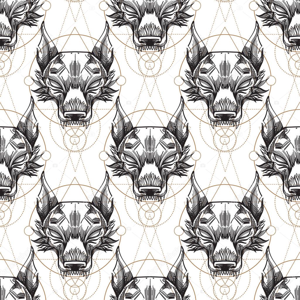 Muzzle of the wolf is a seamless pattern for the design of the surface of fabric, packaging, wallpaper.