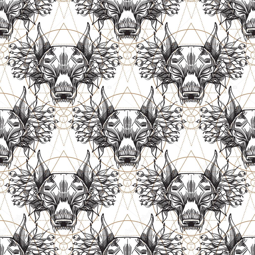 Muzzle of the wolf is a seamless pattern for the design of the surface of fabric, packaging, wallpaper.