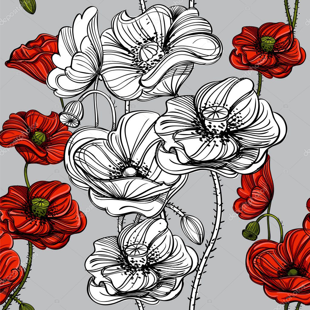 Seamless pattern with red poppies.   