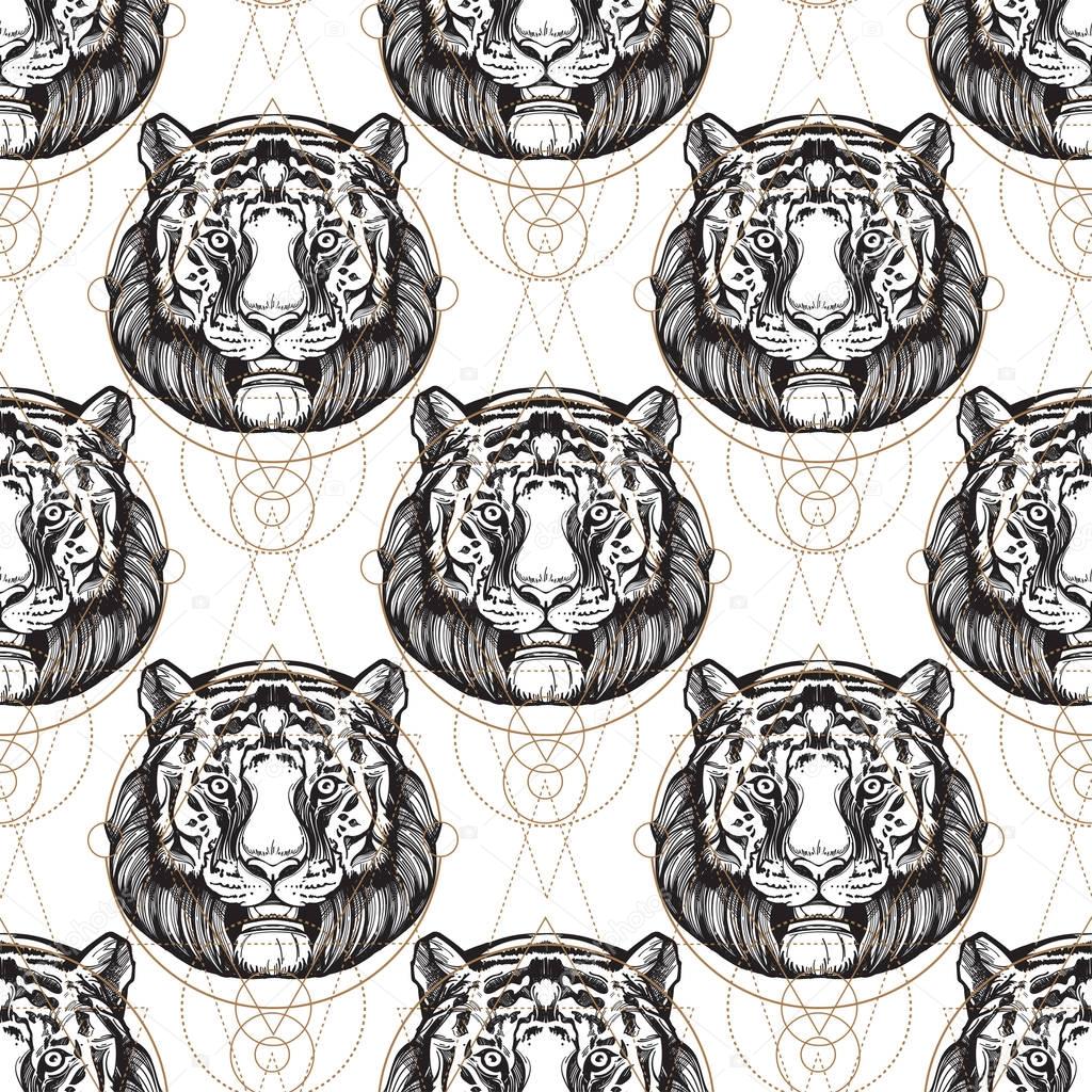 Muzzle of the tiger seamless pattern for the design of the surface of the fabric, packaging, wallpaper.