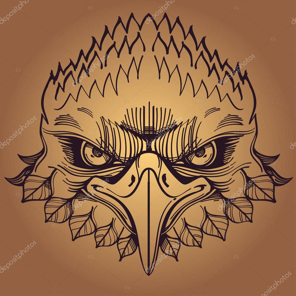 Muzzle of an eagle illustration for creating sketches of tattoos, printing on clothes, design of posters and leaflets.