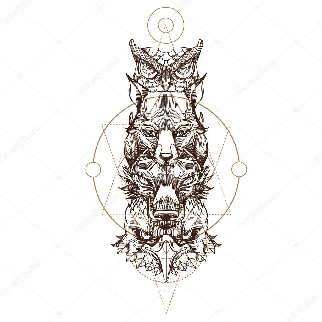Totem eagle, wolf, fox and owl illustration for creating sketches of tattoos, printing on clothes, design of posters and leaflets.