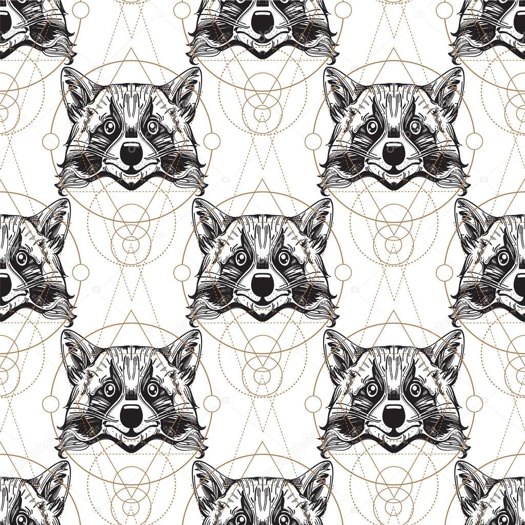 Raccoon muzzles seamless pattern for the design of the surface of the fabric, packaging, wallpaper.